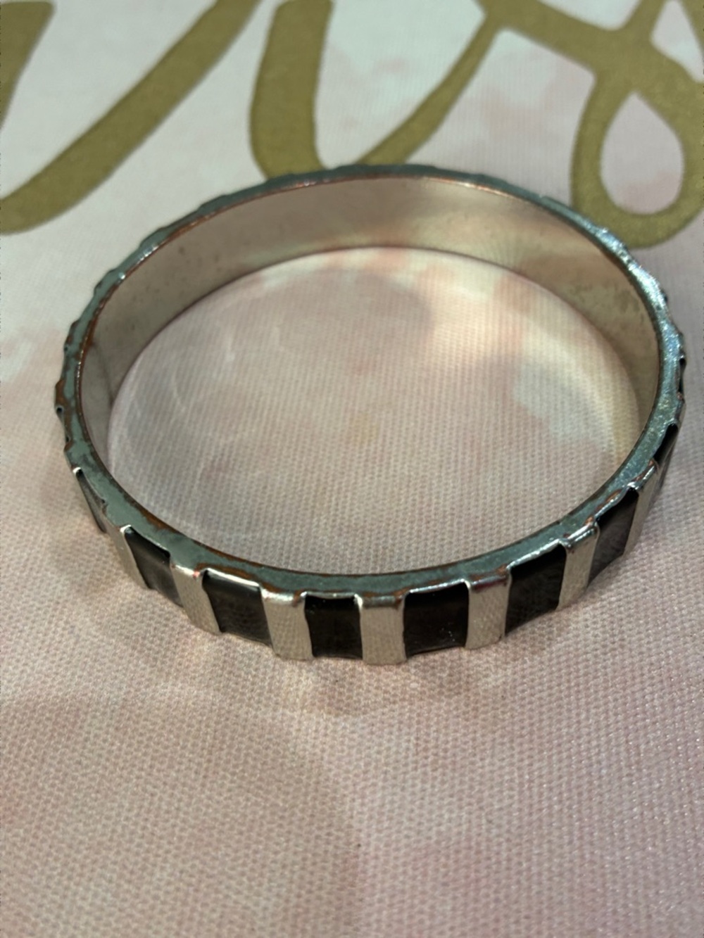 Silver Tone Bangle with Black Inset Accents